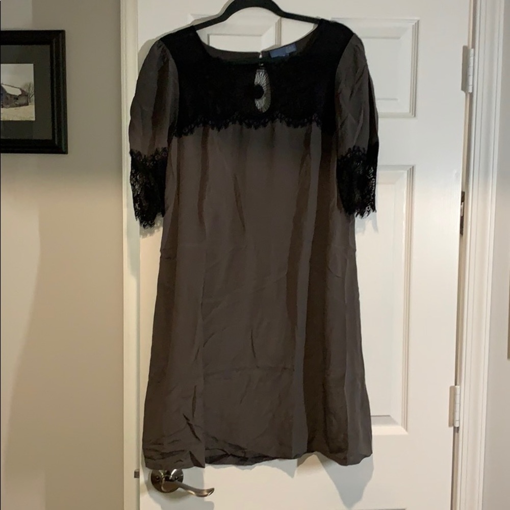 Gray silk dress with black lace